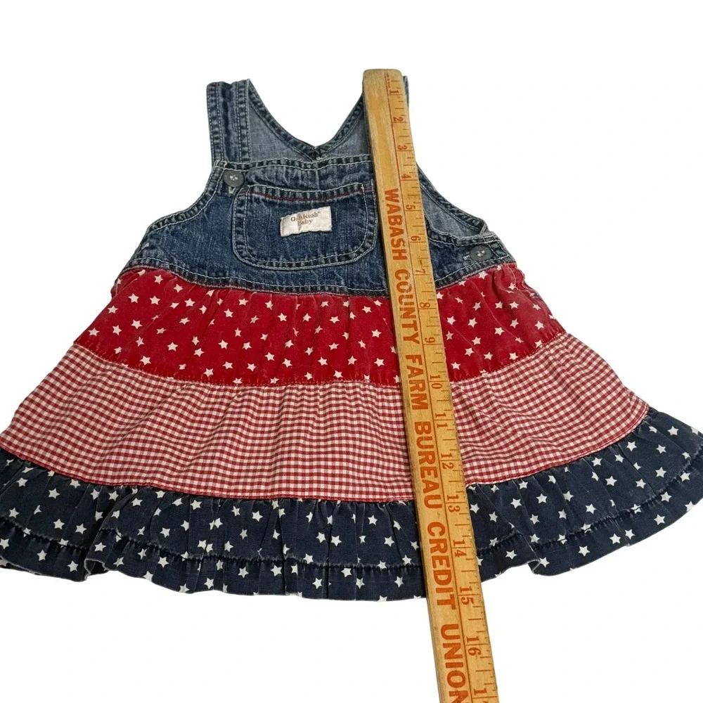 OshKosh Baby Girls Patriotic Denim Tiered Star Gingham Jumper Dress 3-6M Y2K‎